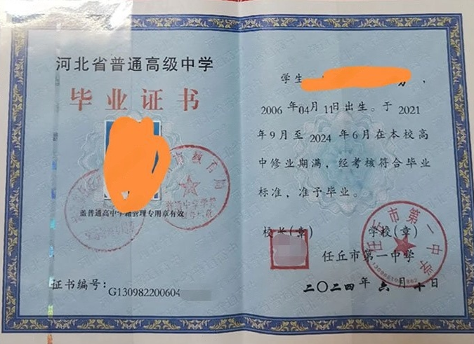 江西任丘市第一中学高中毕业证样本图片